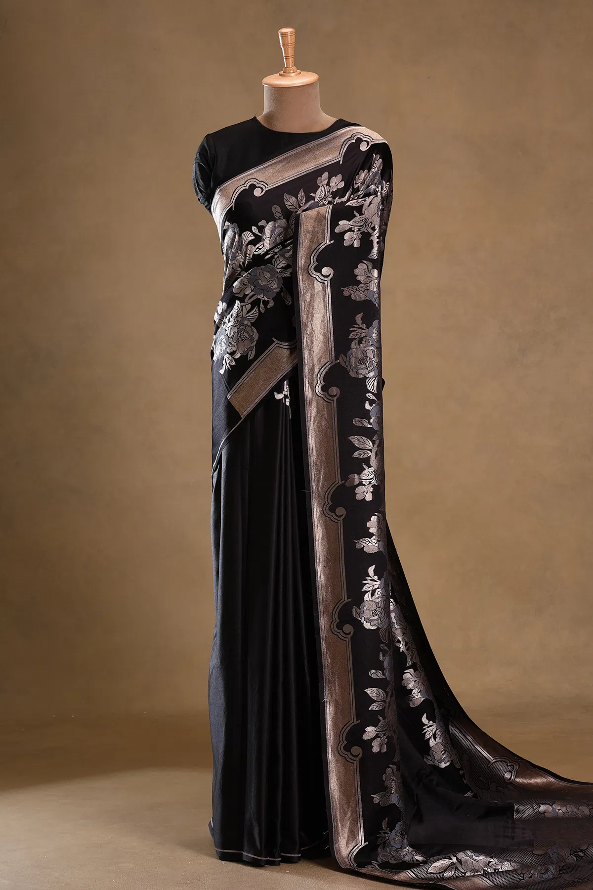 black zari woven banarasi silk saree with unstitched blouse